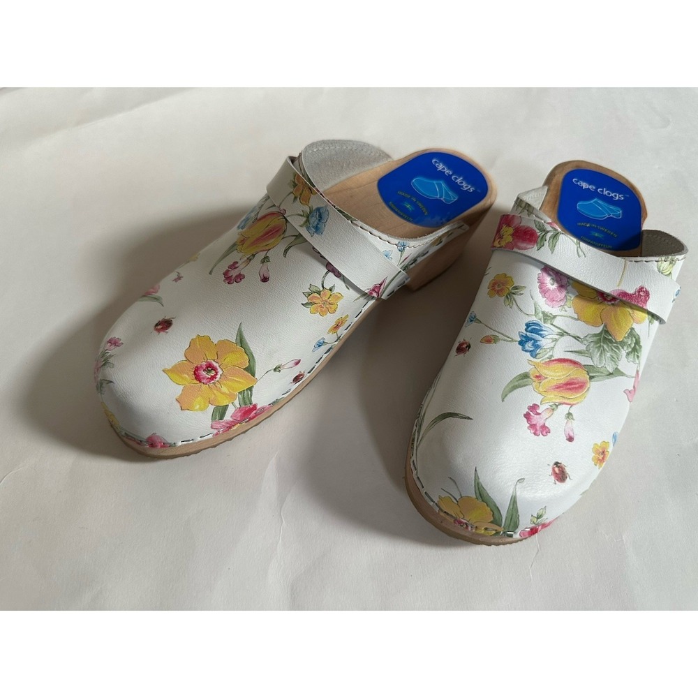 Torpatoffeln Floral Leather Wooden Clogs Made In Sweden Womens Size 37